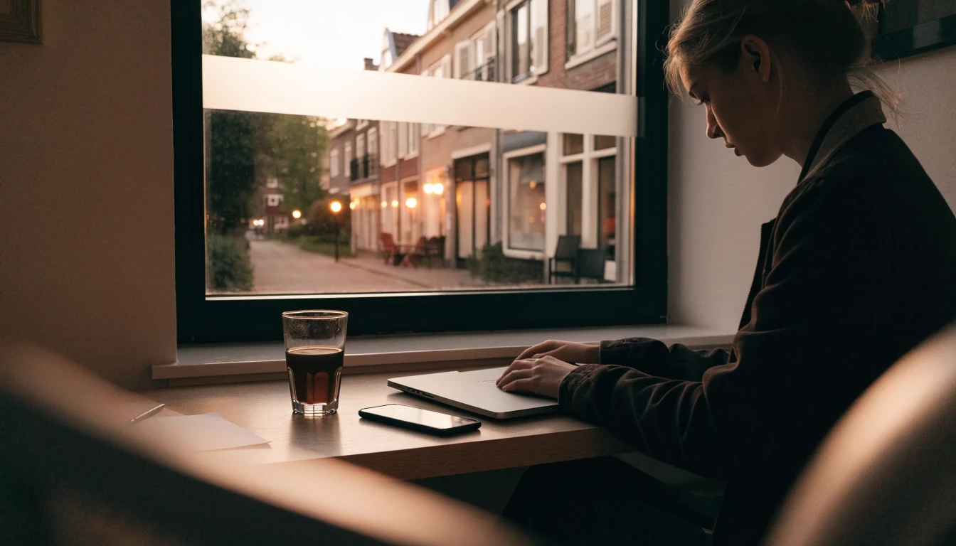 Persoon onderzoekt betrouwbare online casino's aan een bureau in een Nederlands appartement
