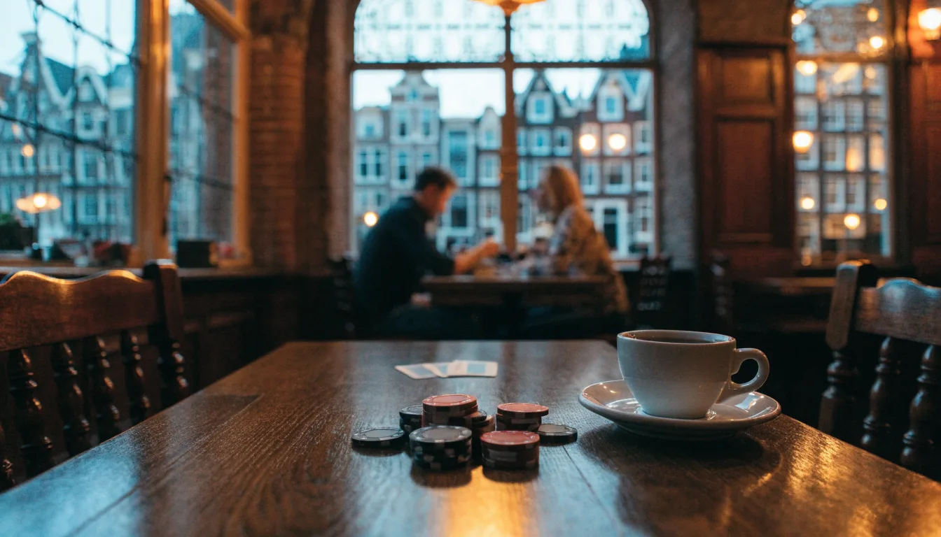 Sfeervol interieur van een Amsterdams bruin cafe met pokerfiches en kaarten op tafel