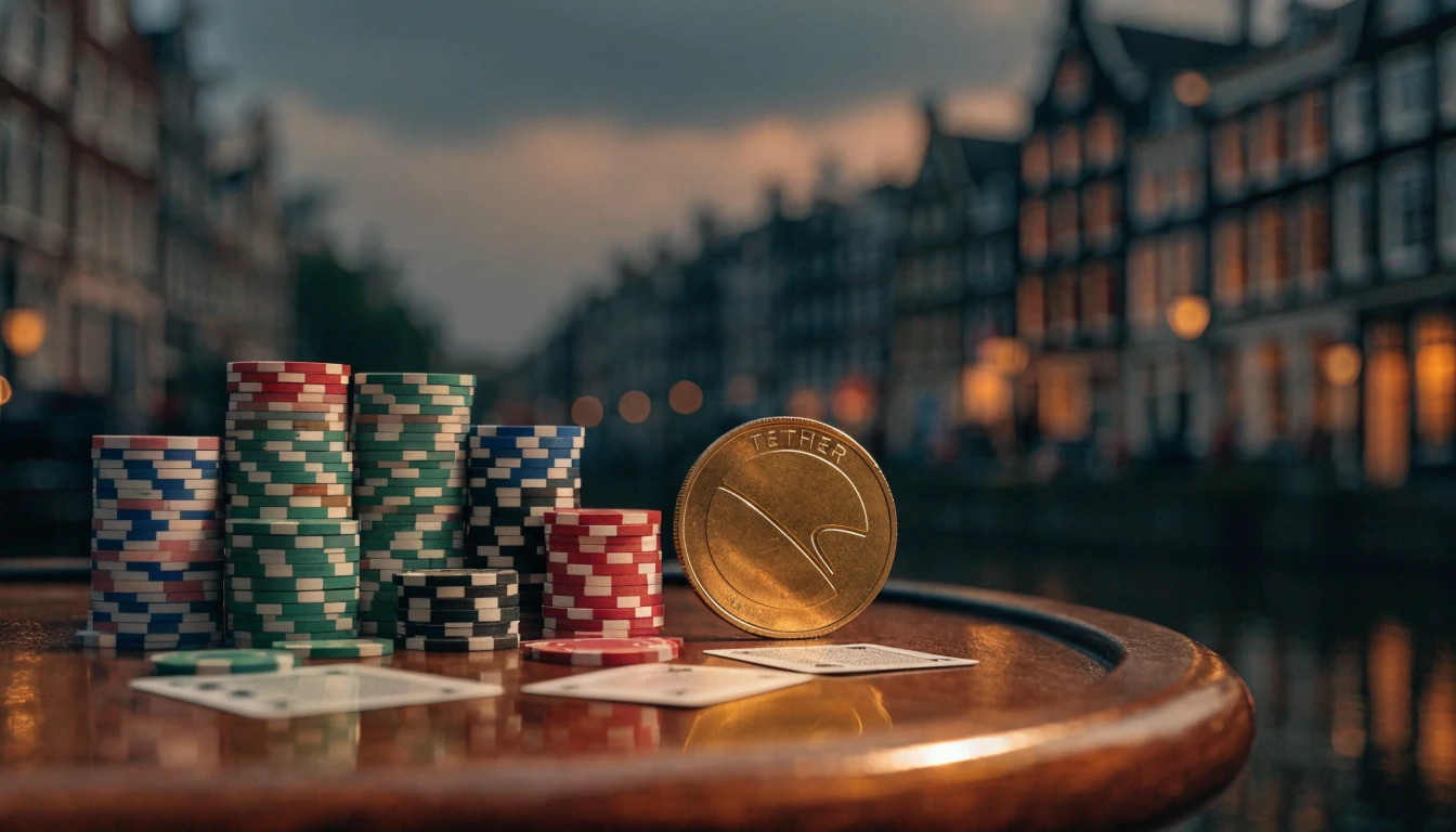 Casinofiches en USDT-munt op houten tafel met Amsterdamse grachtpanden op de achtergrond