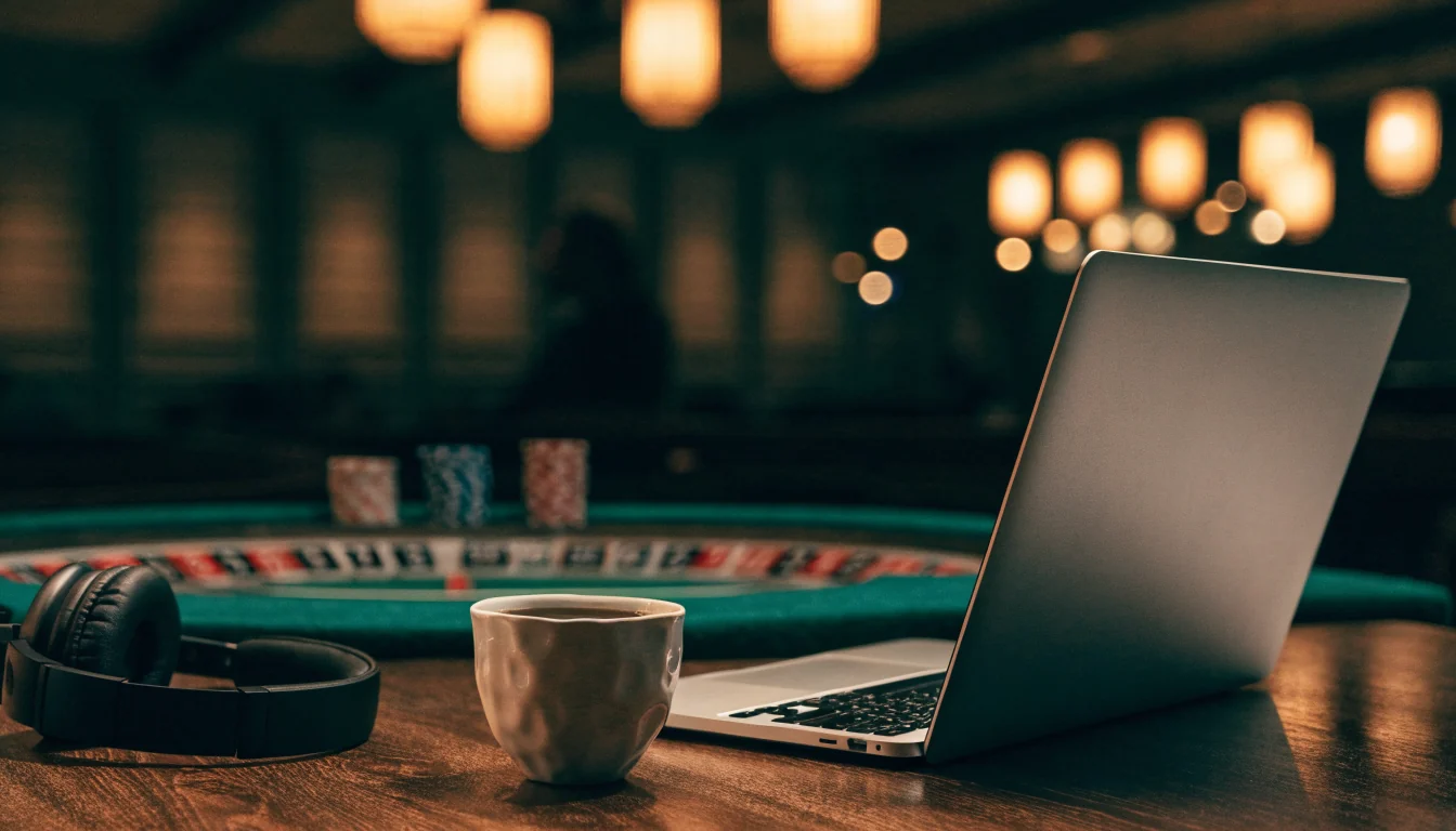 Sfeervolle casinohoek met roulette, fiches en gesloten laptop