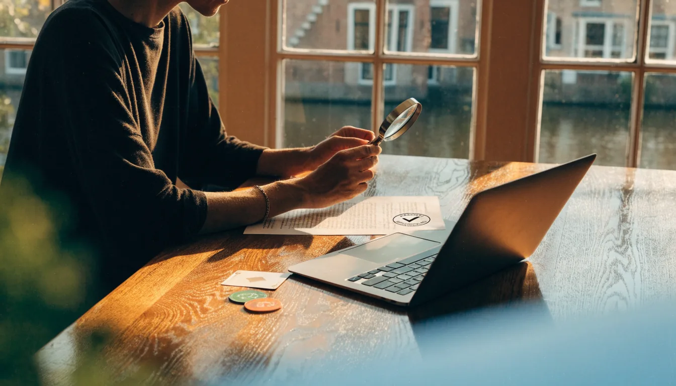 Persoon controleert document met vergunning naast laptop in een Nederlands interieur