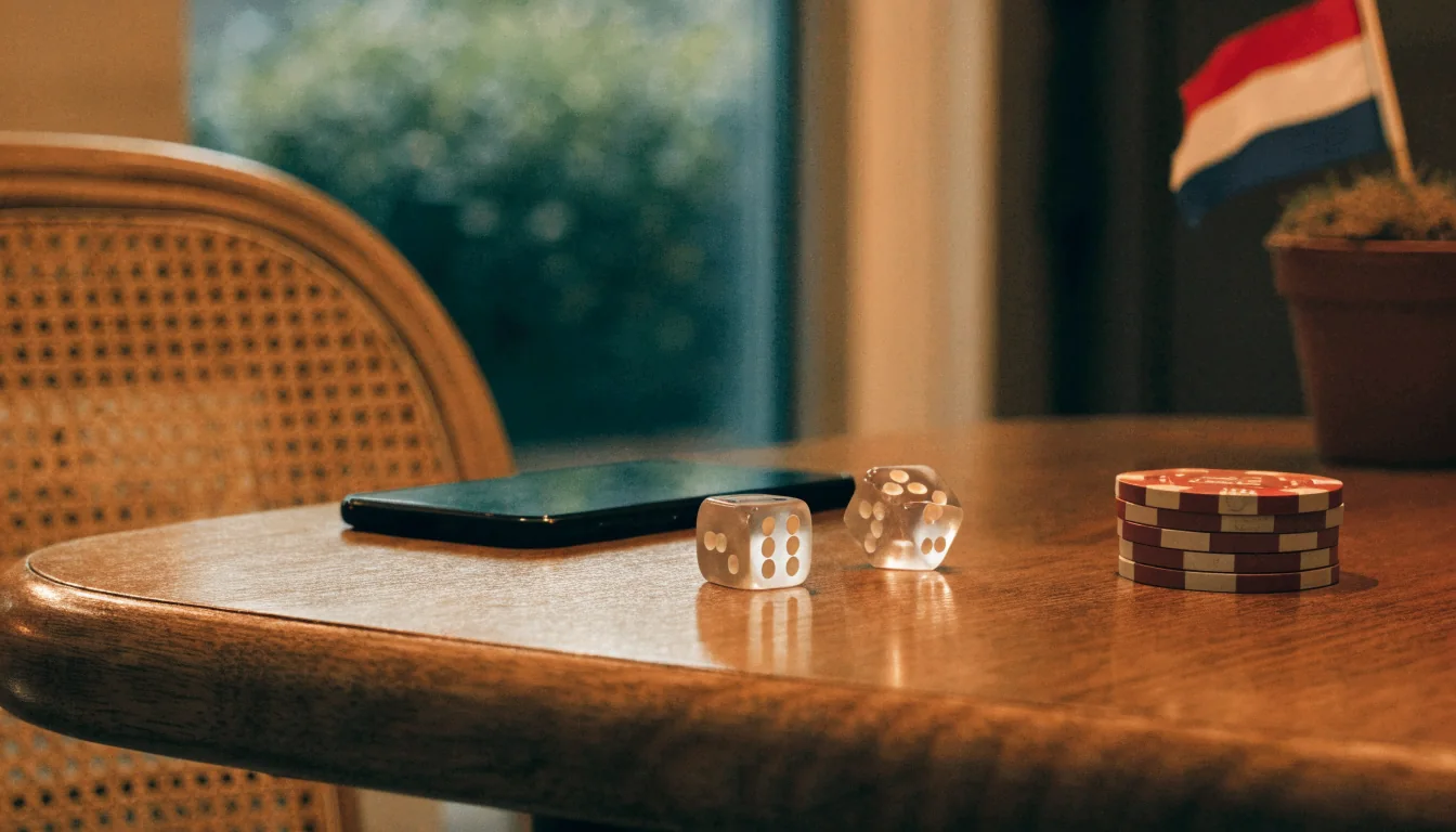 Smartphone met casinofiches en Nederlandse vlag op tafel