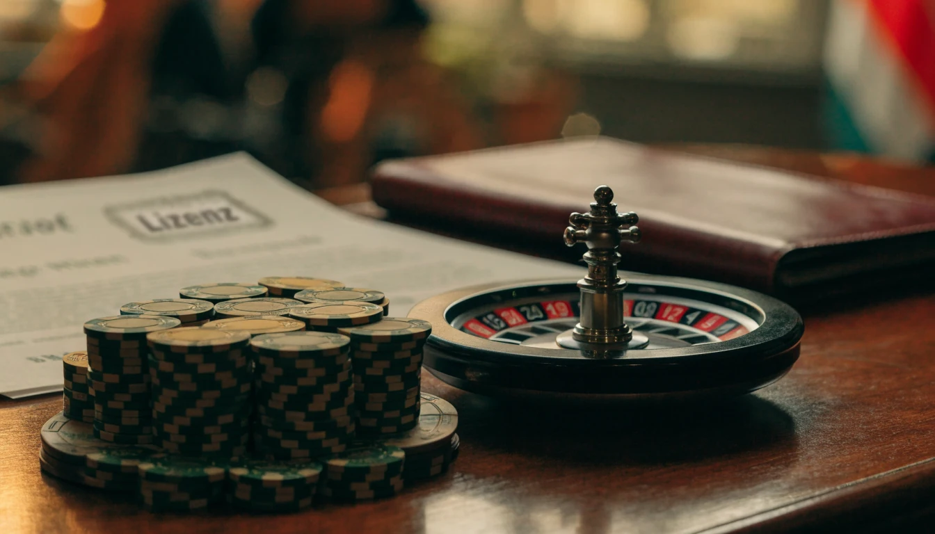 Casinochips en roulettewiel met een vergunningdocument op een houten tafel