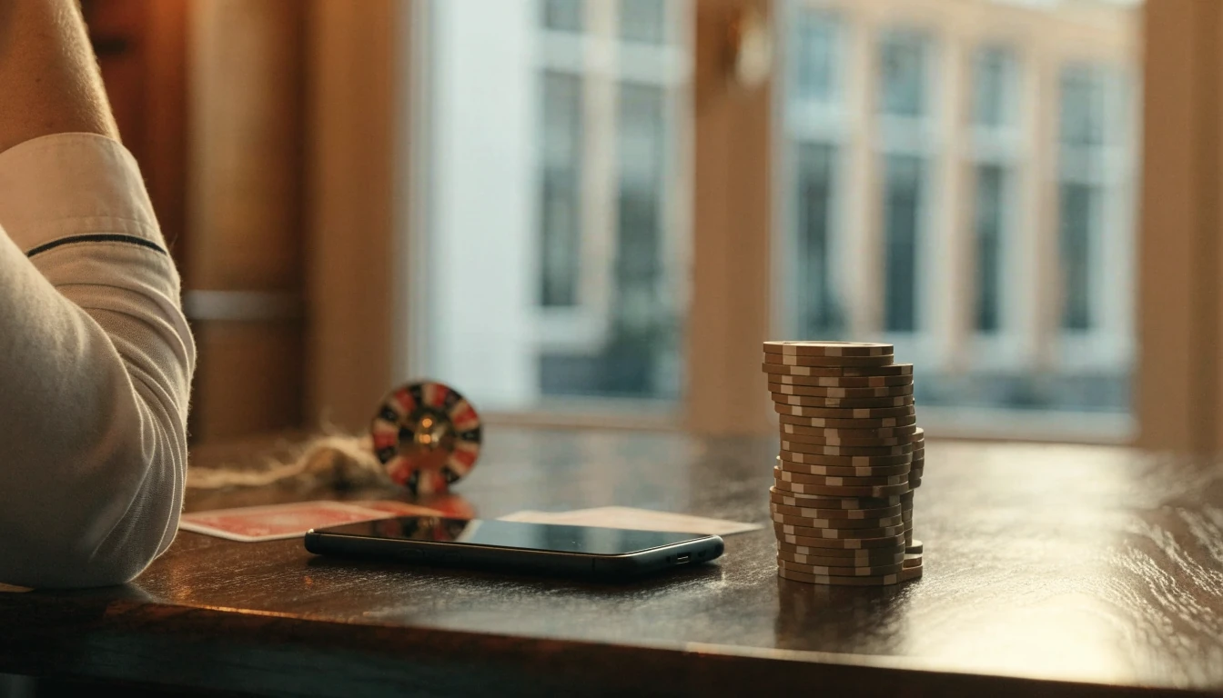 Houten tafel met telefoon, fiches en kaarten in modern Nederlands interieur