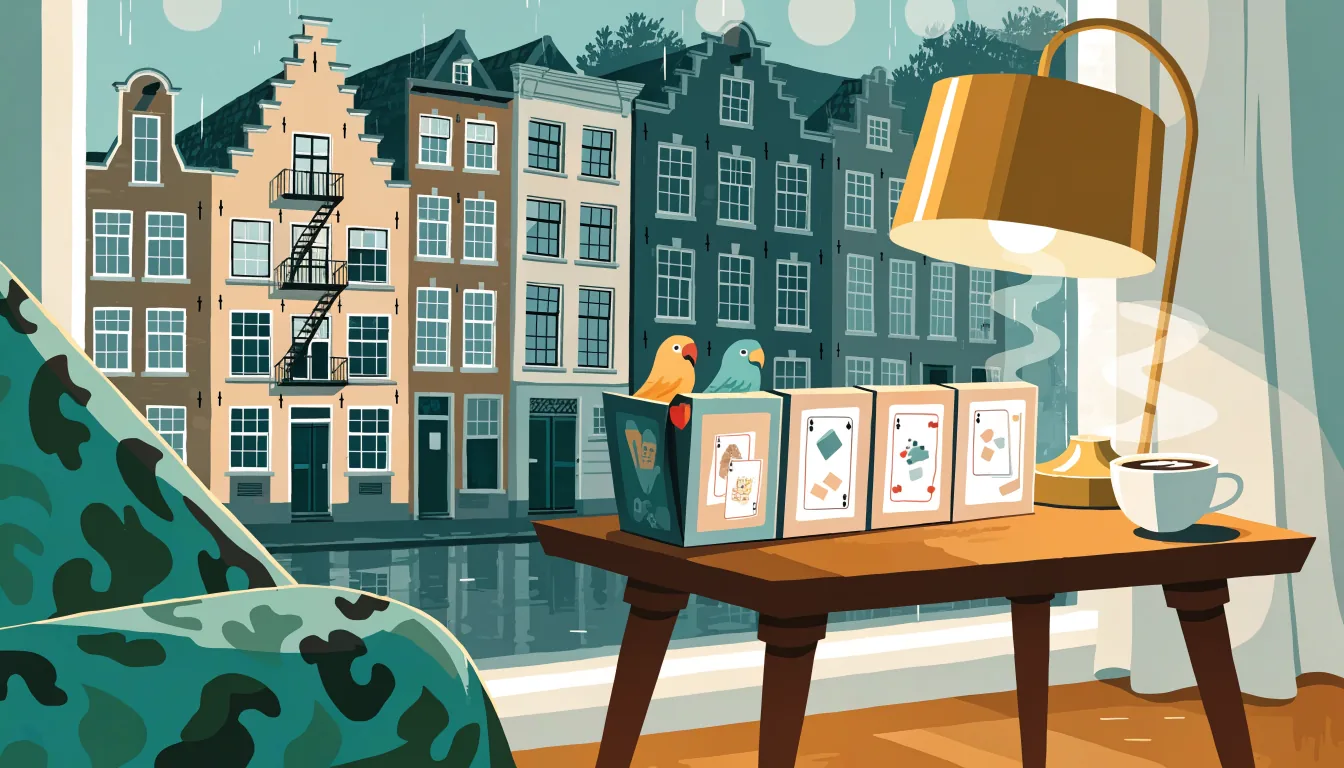 Sfeervolle Nederlandse woonkamer met een rij van vijf Pirots spellen op tafel