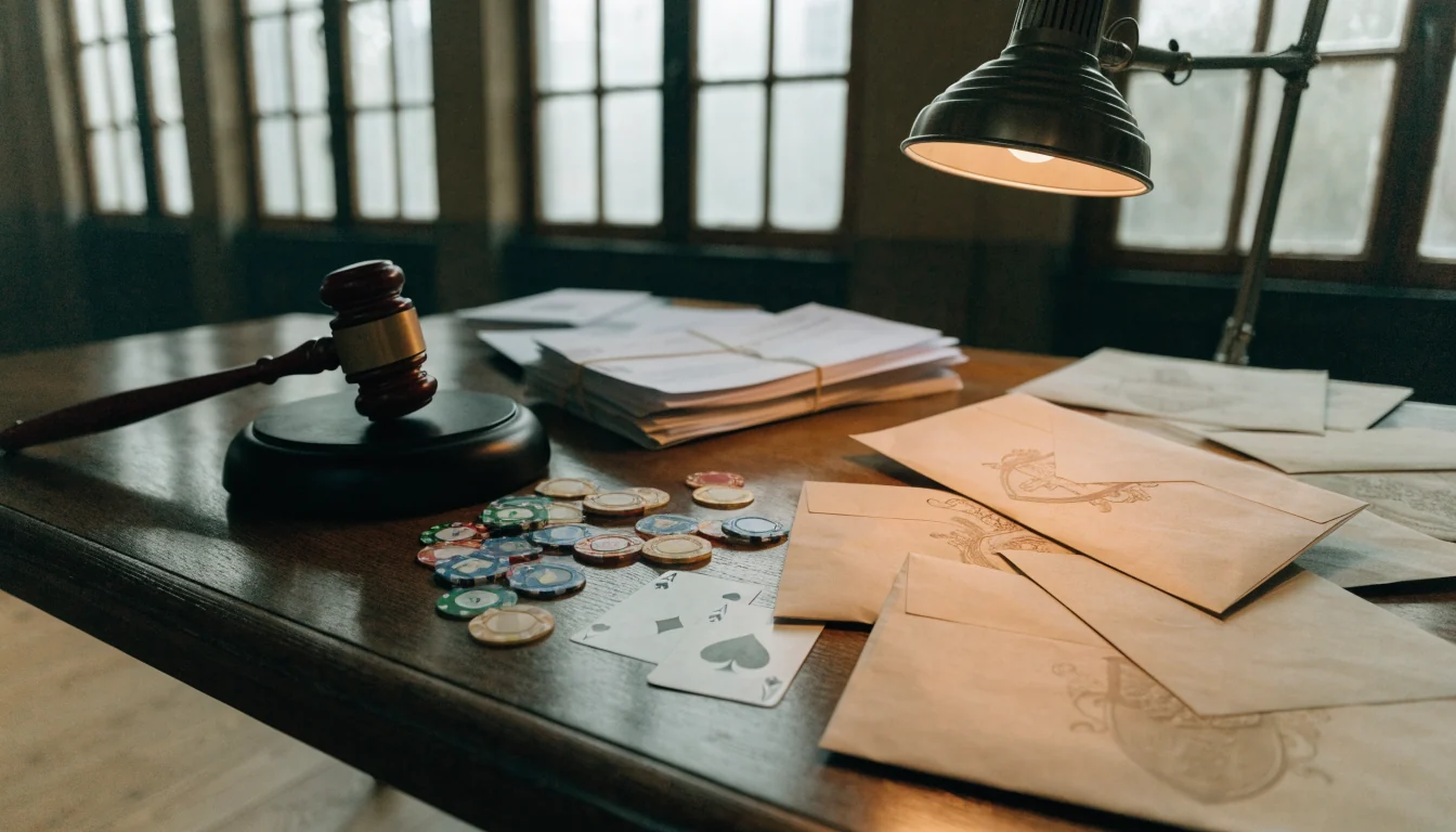 Nederlandse toezichthoudende werktafel met in beslag genomen casinofiches en speelkaarten